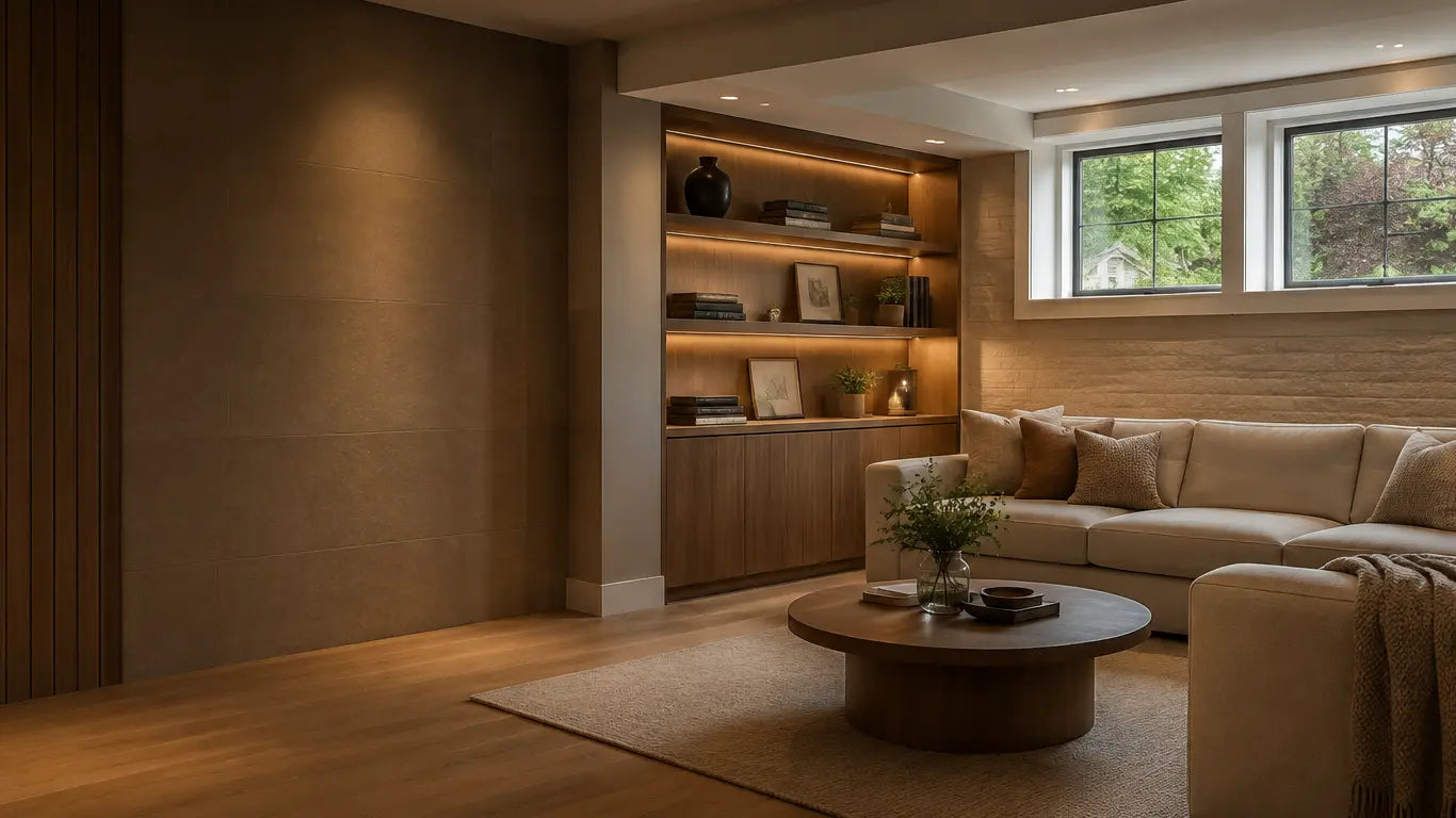 Warm, professionally finished basement living space
