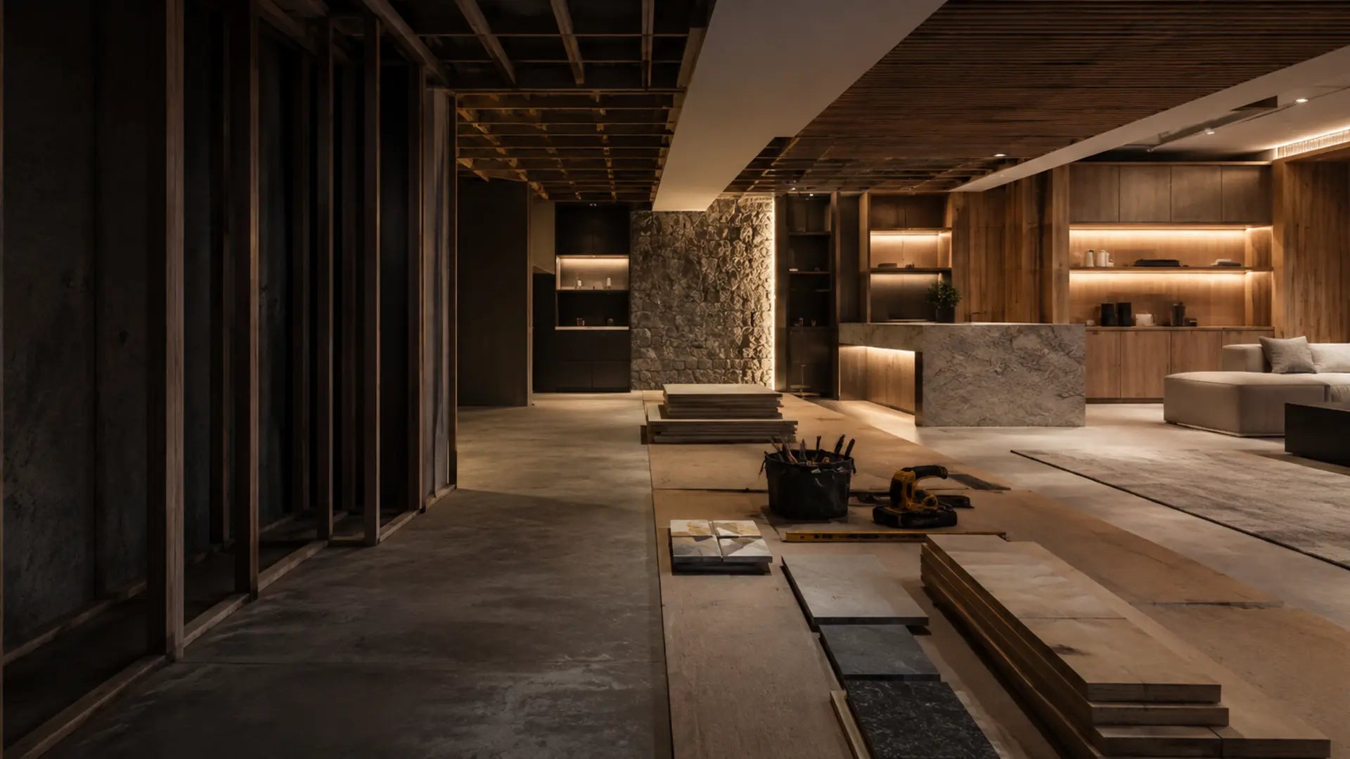 A basement renovation progressing from construction to a warm finished living space